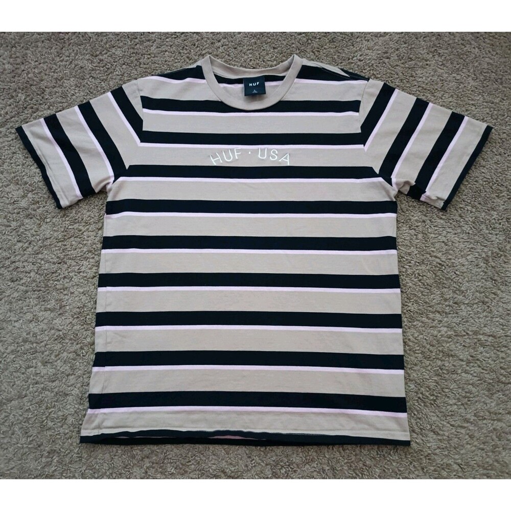 HUF Stripe Brown T-Shirt Men's Size Large Embroidered